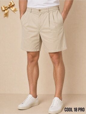 Cool 18 Pro Khaki Pleated Front Golf Chino Shorts Size 38 Beige Casual Dress
